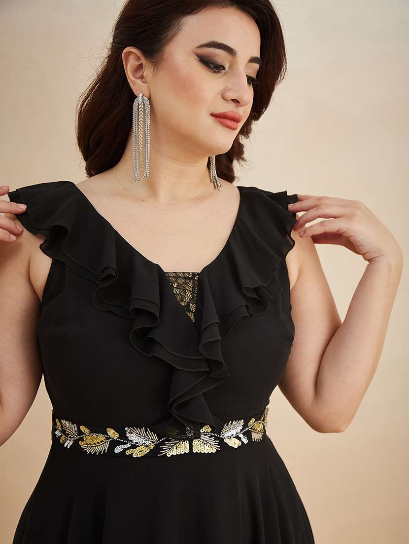 women embroidered sleeveless ruffle detailed gown - 22511589 -  Standard Image - 1