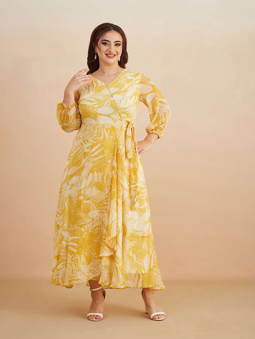 women printed overlap neck wrap dress