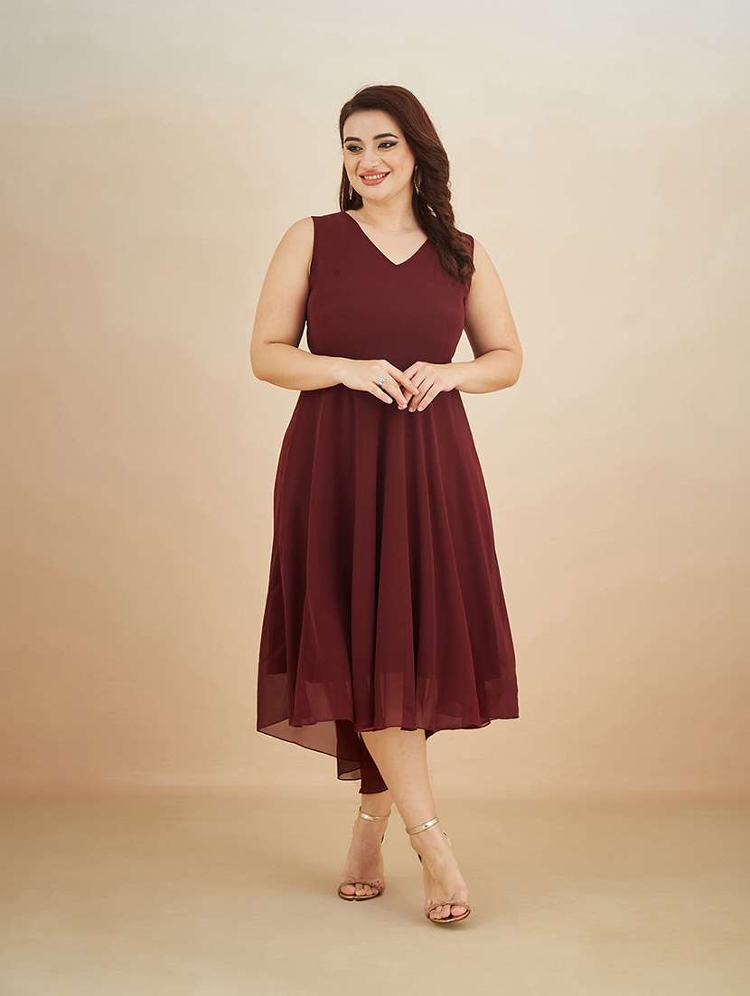 wine red sleeveless v-neck fit and flare midi dress - 22511616 -  Standard Image - 1