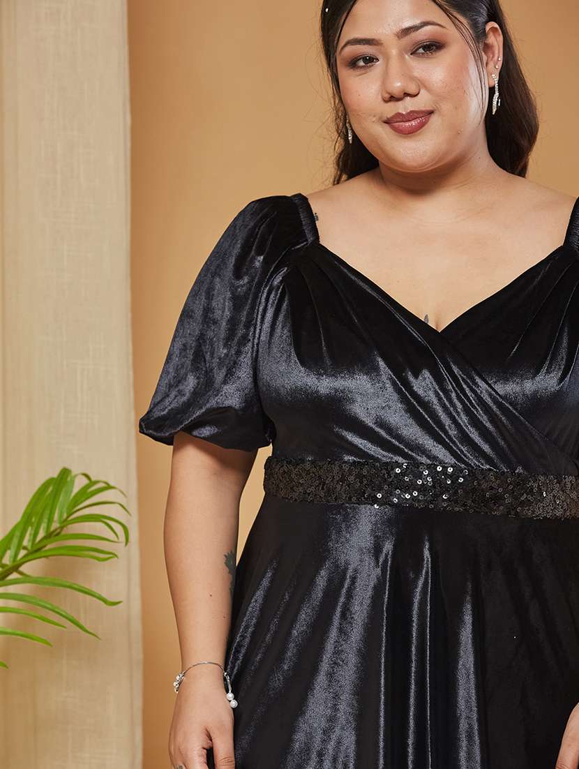 Women Solid Puff Sleeves Fit And Flare Dress - 22511635 -  Standard Image - 1