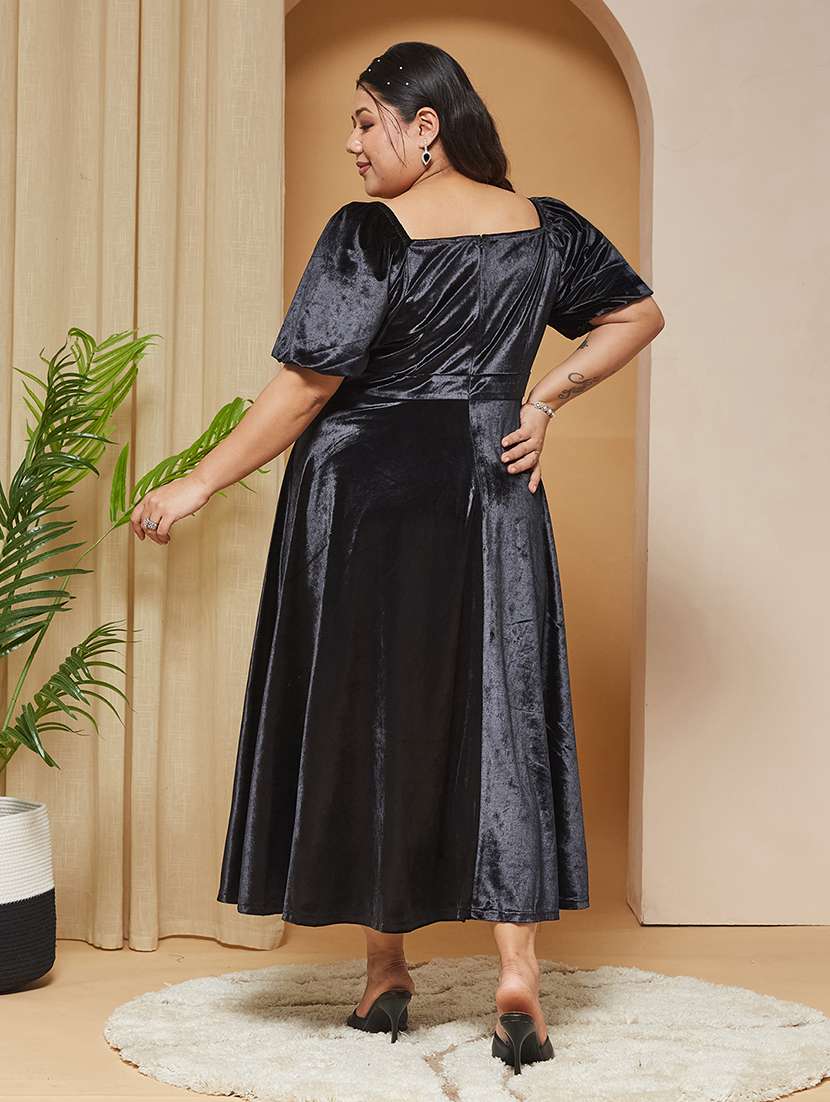 Women Solid Puff Sleeves Fit And Flare Dress - 22511635 -  Standard Image - 4
