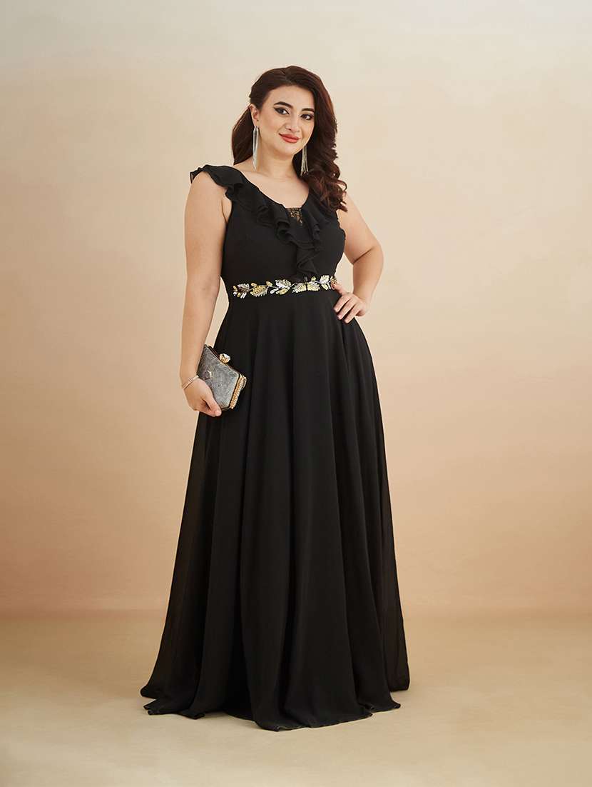 women sequined sleeveless ruffle detailed gown