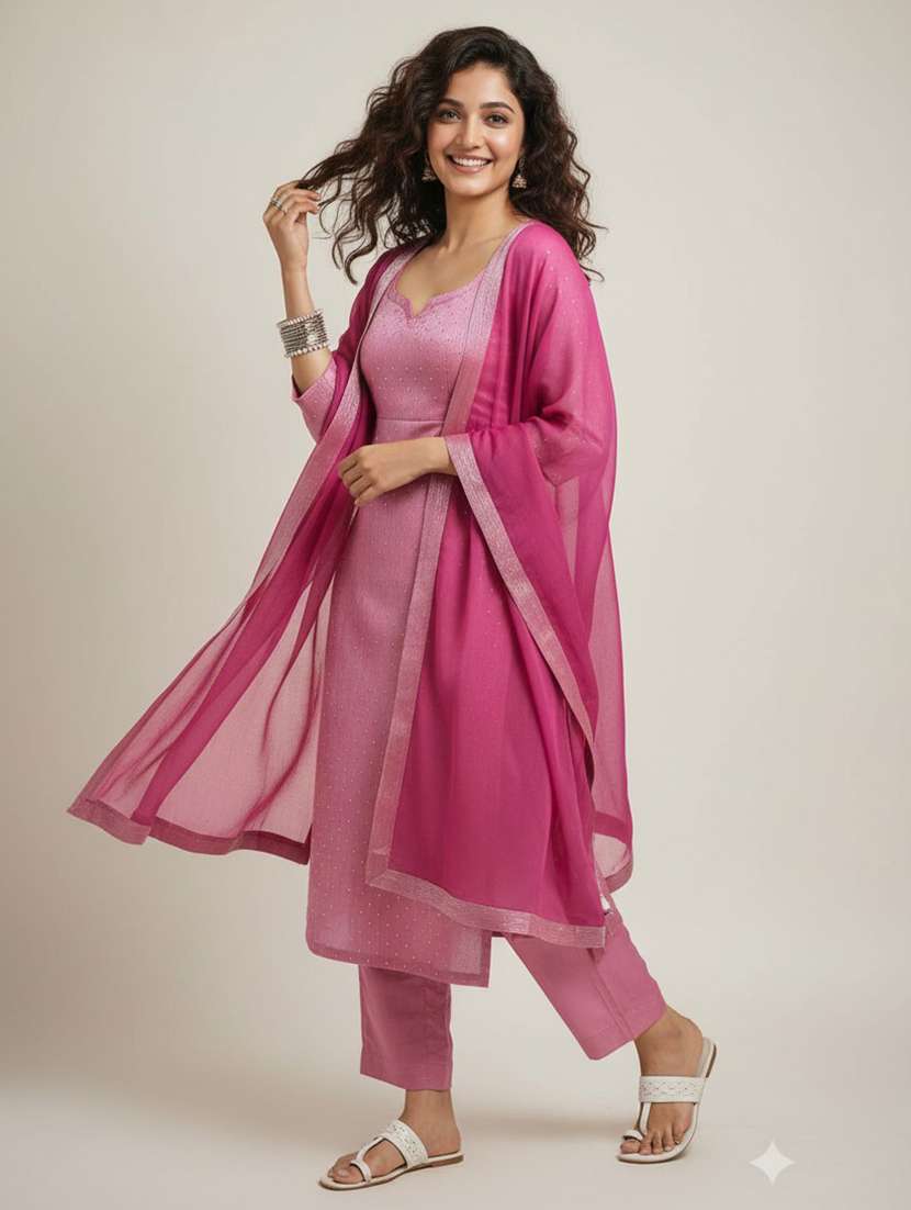 hercouture women's pink burberry silk swarowski diamond embellished kurta dupatta set - 22511773 -  Standard Image - 1
