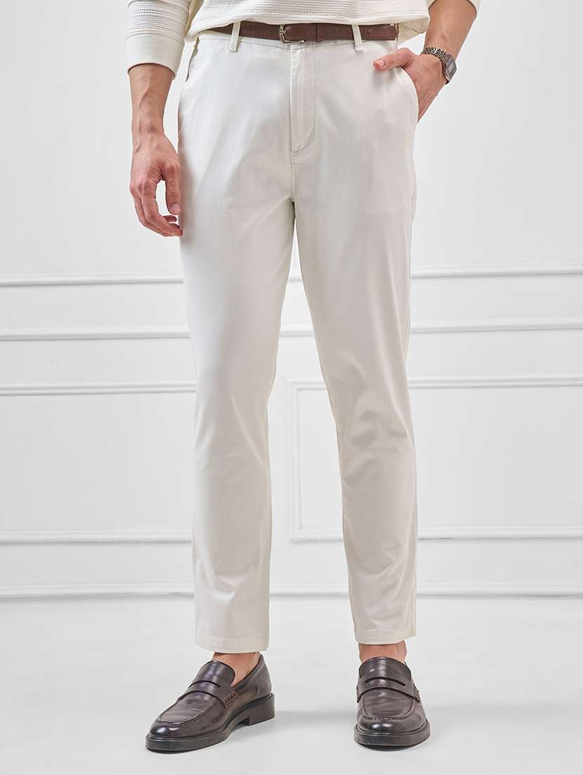 men solid mid rise flat front casual trouser