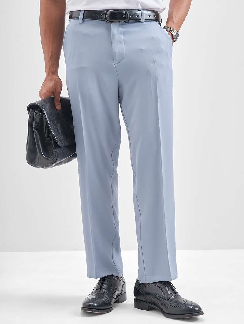 men solid mid rise flat front casual trouser