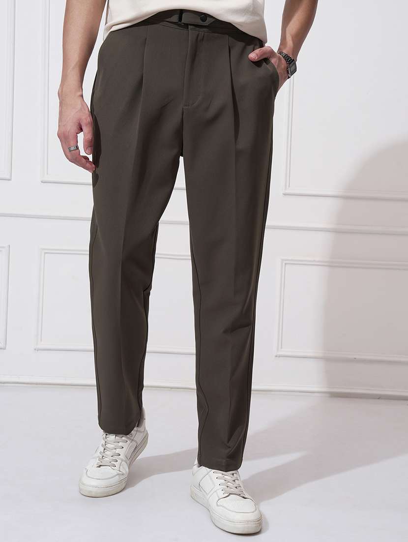 men solid mid rise pleated formal trouser