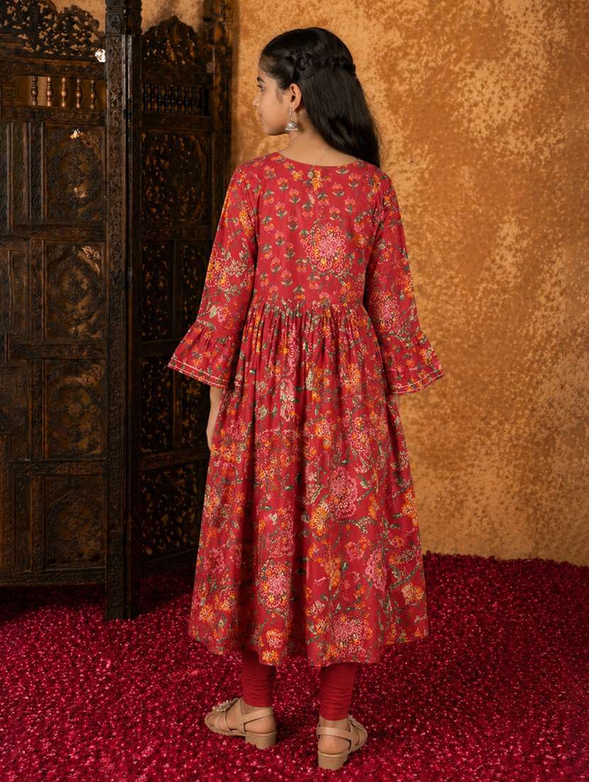 Girls Printed Round Neck Flared Kurta - 22511956 -  Standard Image - 4