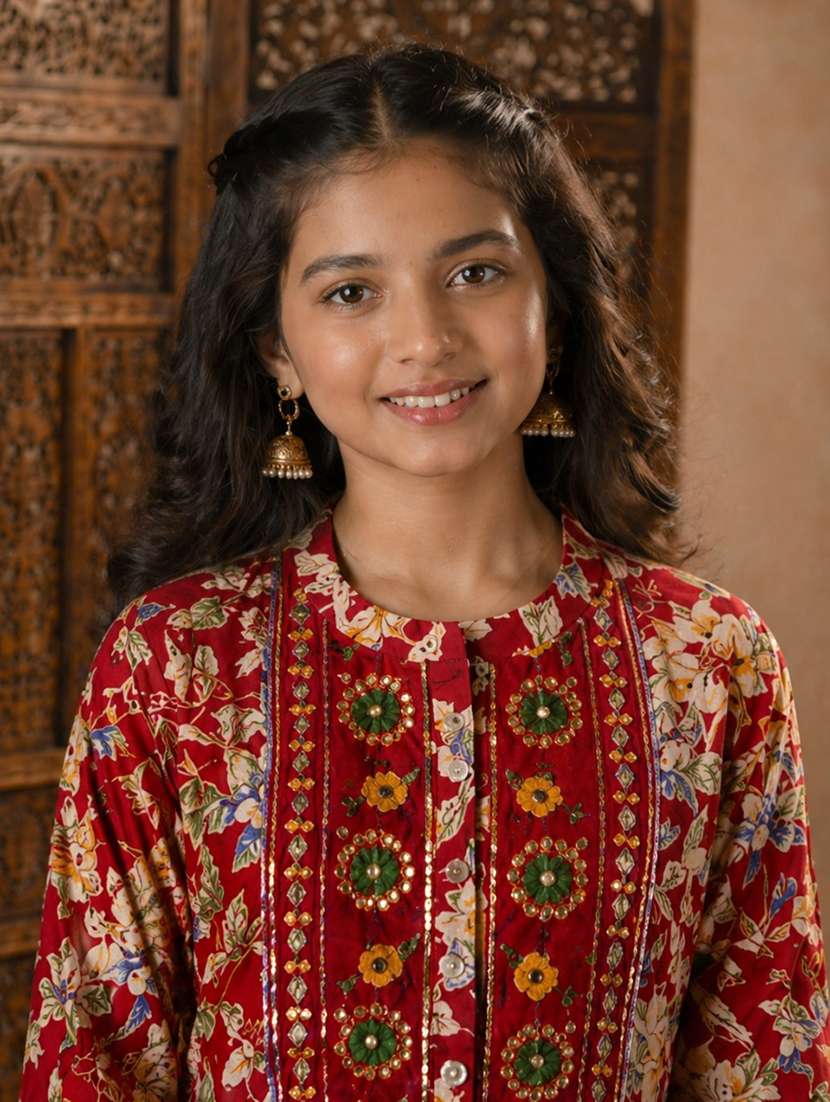 girls printed mandarin collared flared kurta - 22511963 -  Standard Image - 1