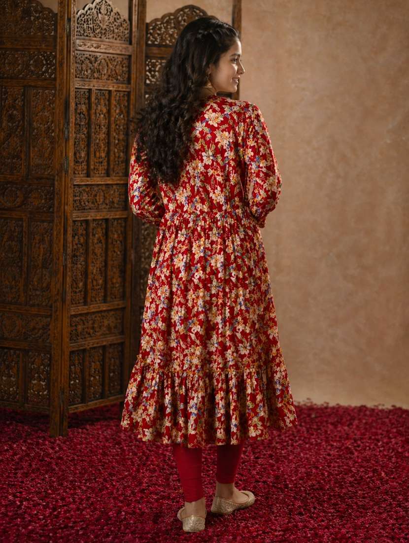 girls printed mandarin collared flared kurta - 22511963 -  Standard Image - 4