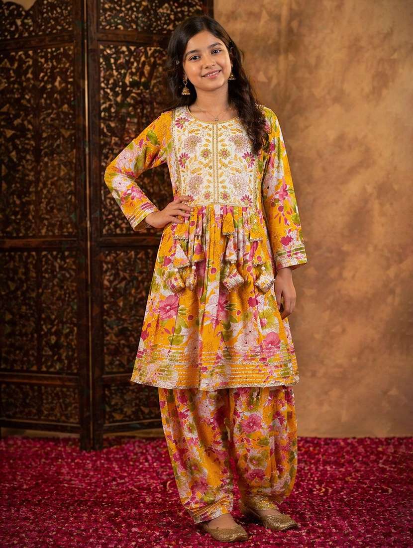 girls printed round neck kurta and salwar set