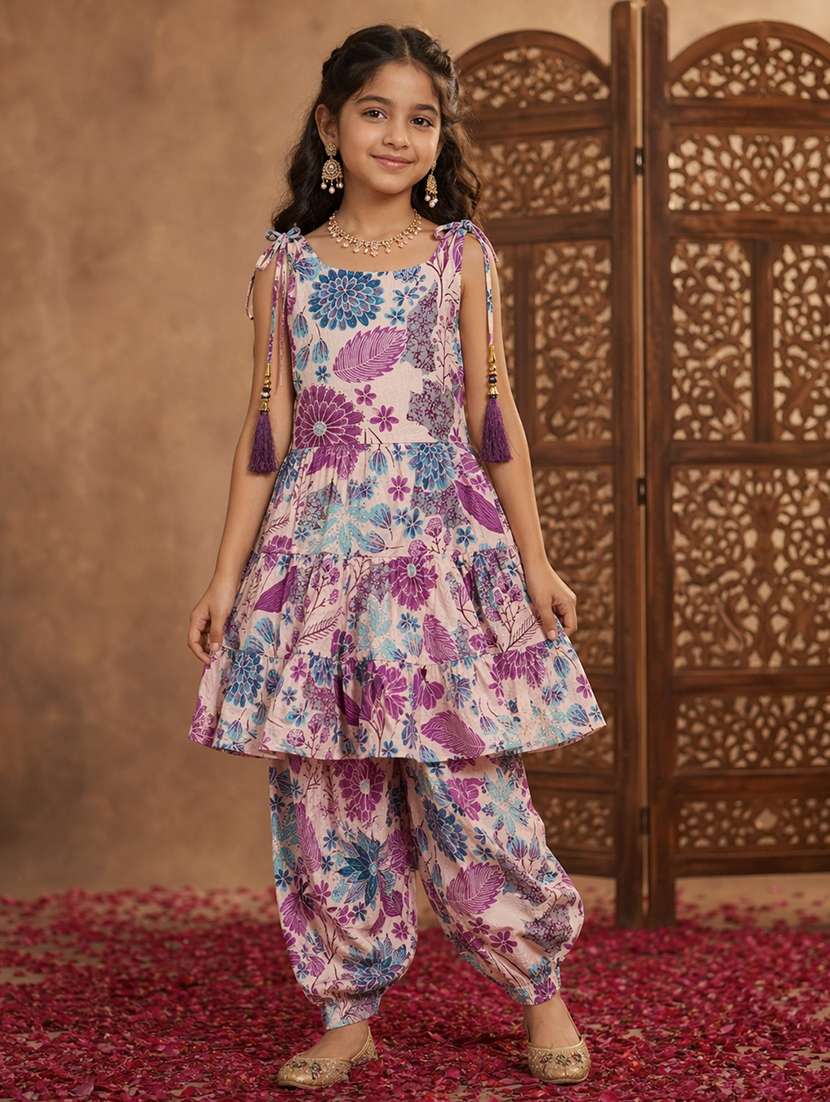 girls printed sleeveless kurta and salwar suit set