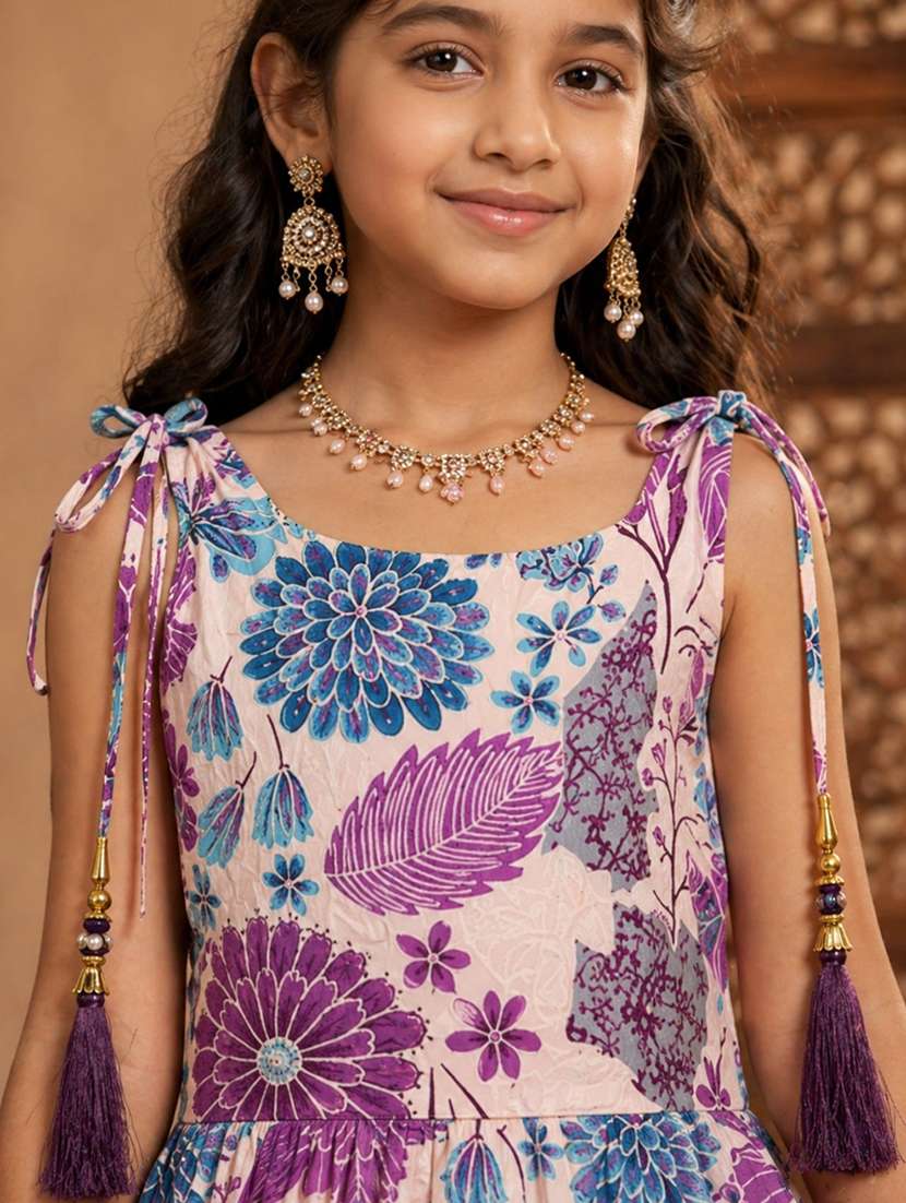 Girls Printed Sleeveless Kurta And Salwar Suit Set - 22511979 -  Standard Image - 1