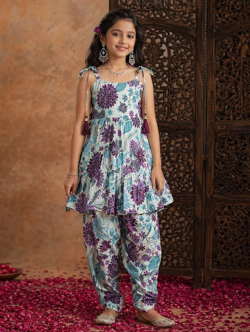 girls printed sleeveless kurta and salwar suit set