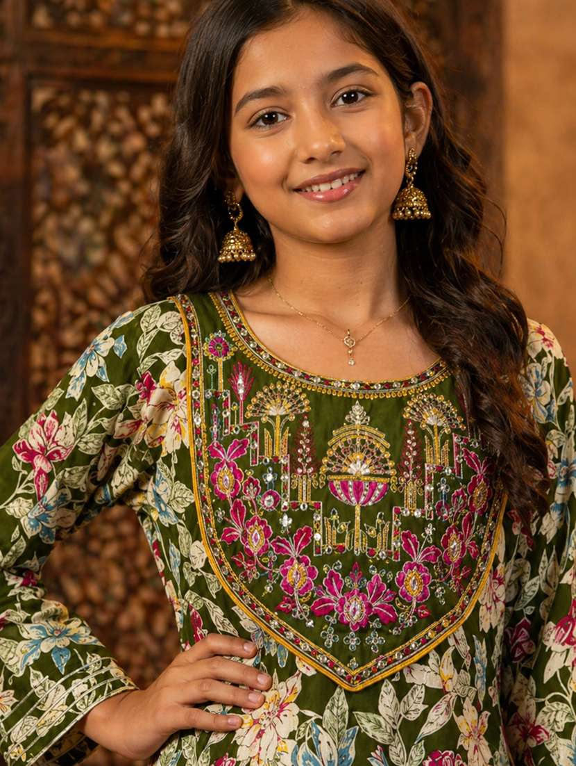 girls printed three quarter sleeves kurta and sharara suit set - 22511981 -  Standard Image - 1