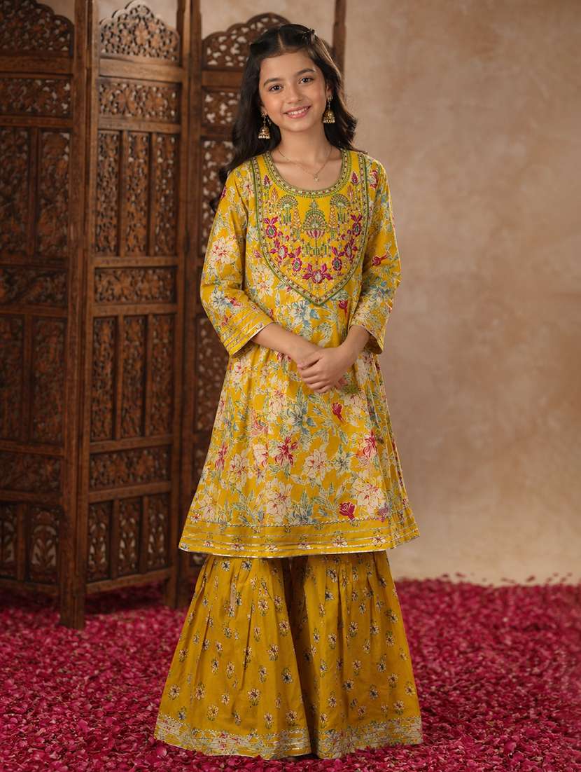 girls printed three quarter sleeves kurta and sharara suit set