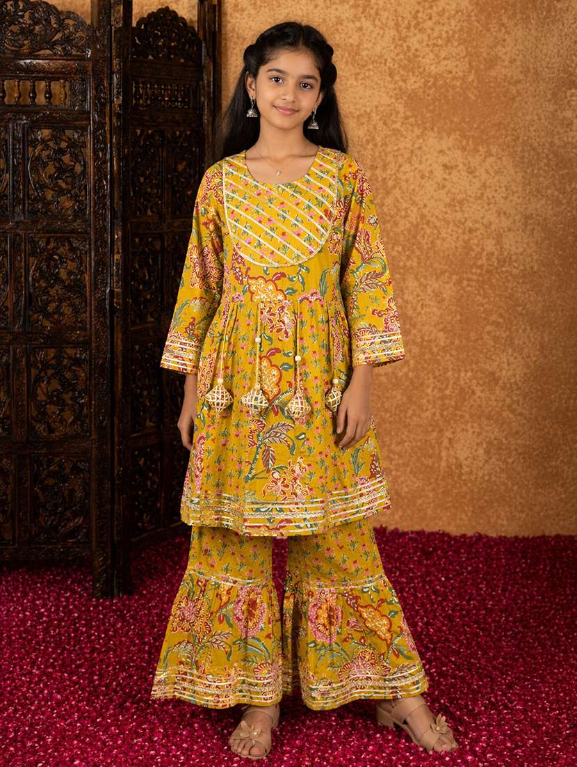 girls printed round neck kurta and sharara suit set