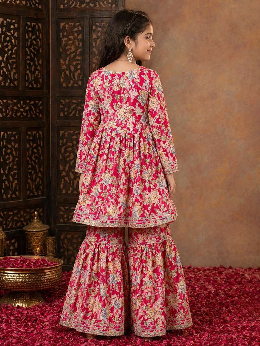 Red Floral Print Cotton Kurta Sharara Set Festive Wear - 22511986 -  Standard Image - 4