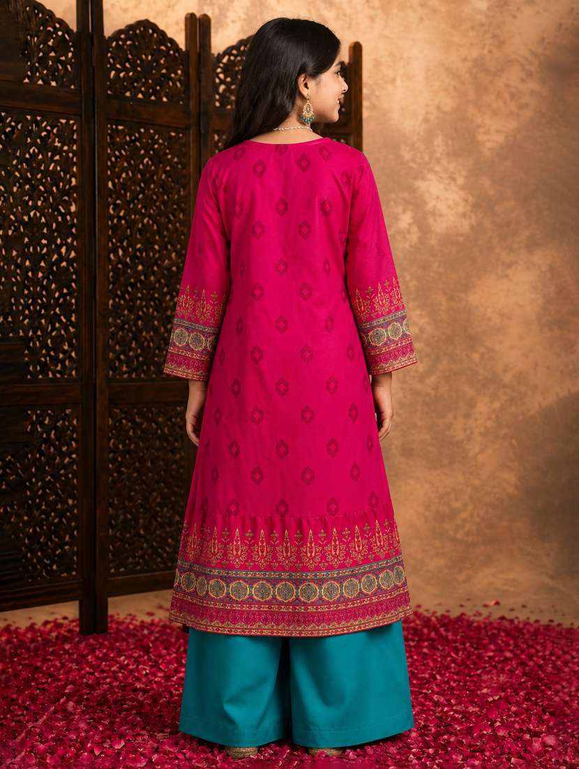 girls printed round neck kurta and palazzo suit set - 22511992 -  Standard Image - 4