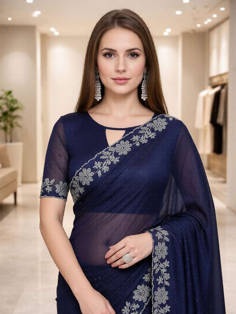 women solid with work embellished saree with blouse - 22512089 -  Standard Image - 1