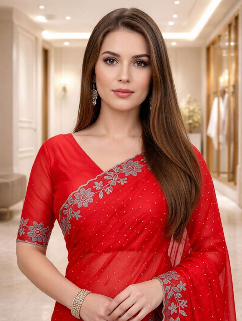 women solid with work embellished saree with blouse - 22512094 -  Standard Image - 1