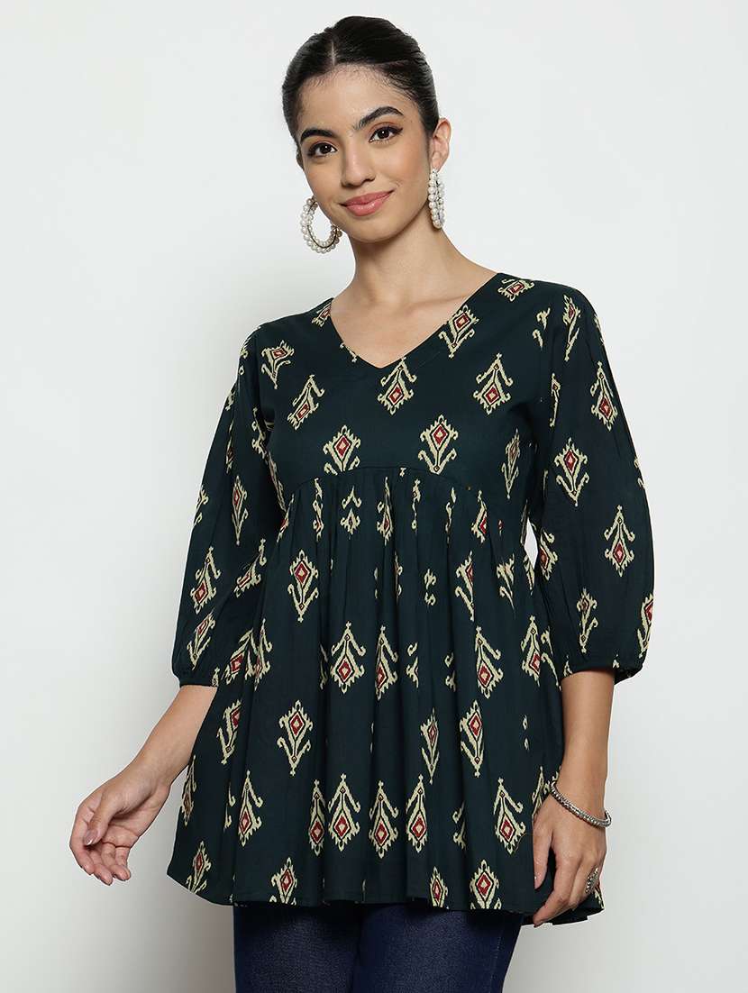 v neck three quarter sleeves ikat flared cotton tunic - 22512224 -  Standard Image - 1