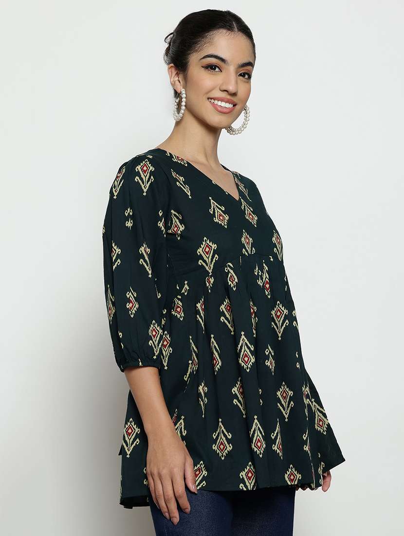 v neck three quarter sleeves ikat flared cotton tunic - 22512224 -  Standard Image - 4