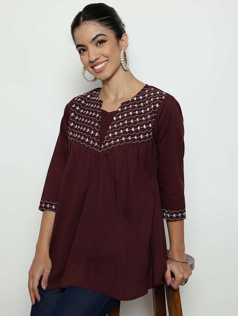 women embroidered three quarter sleeves a-line tunic