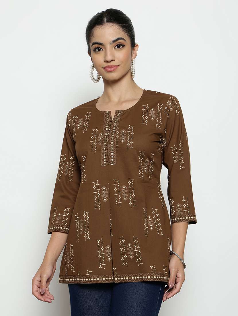 women printed three quarter sleeves a-line tunic - 22512229 -  Standard Image - 1