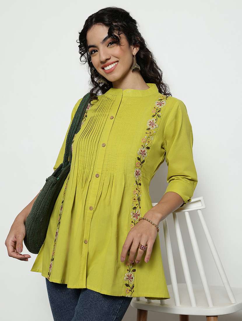 women embroidered three quarter sleeves a-line tunic