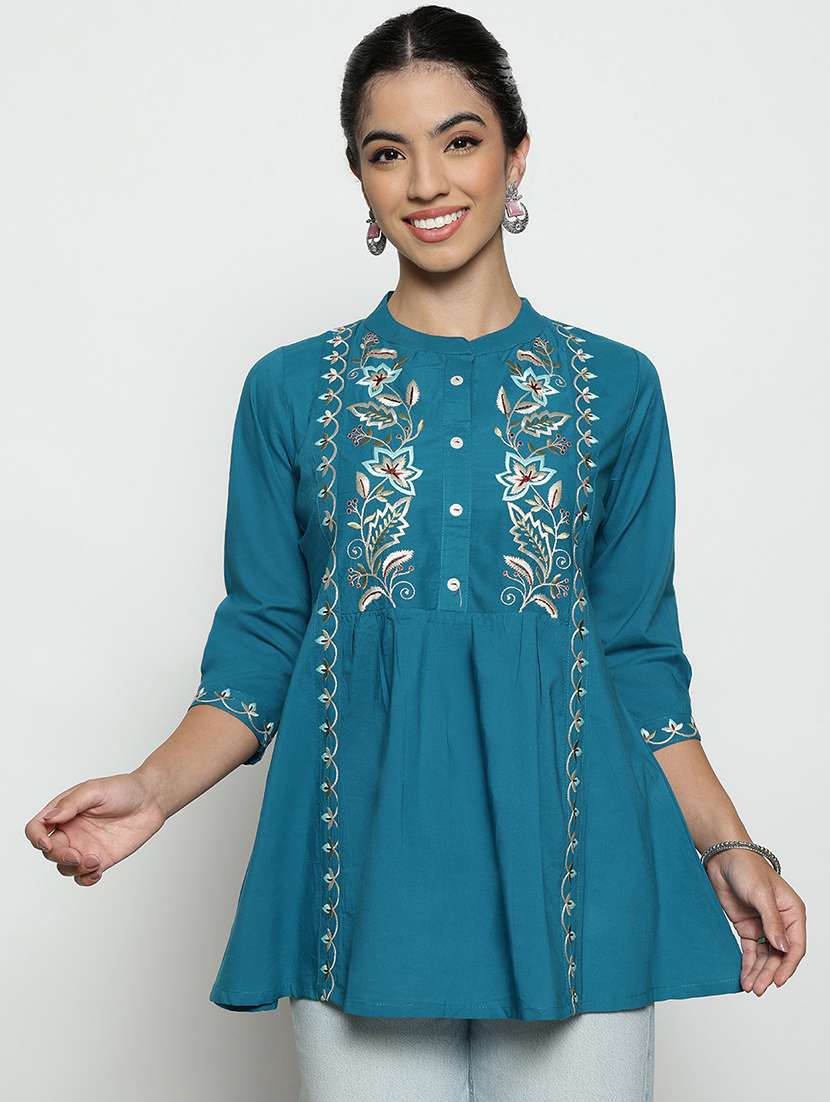 women embroidered three quarter sleeves a-line tunic - 22512233 -  Standard Image - 1
