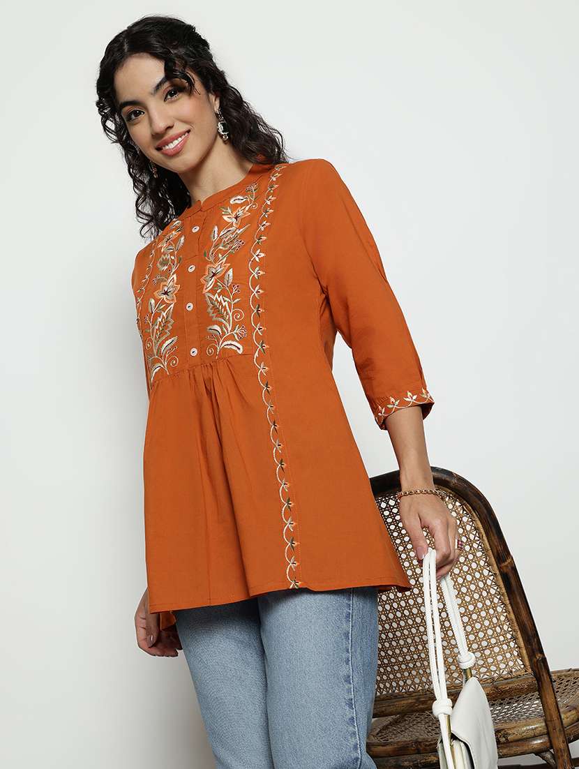 women embroidered three quarter sleeves a-line tunic