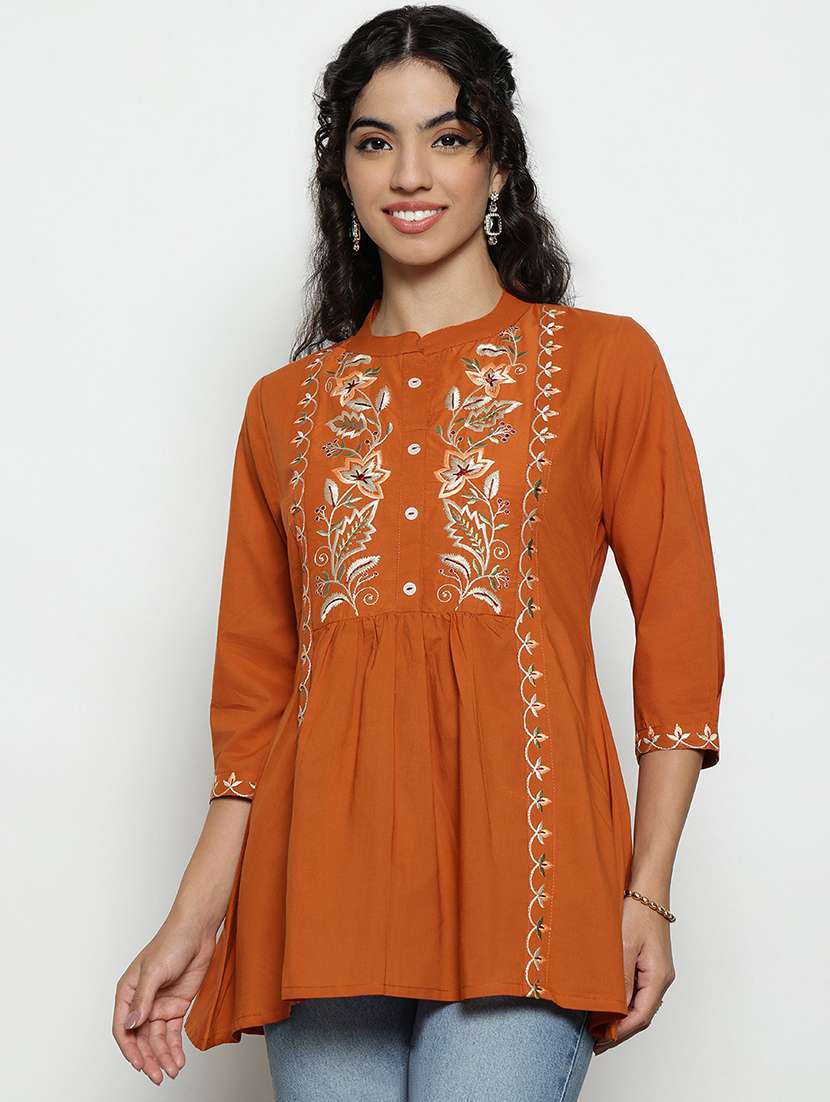 women embroidered three quarter sleeves a-line tunic - 22512234 -  Standard Image - 1