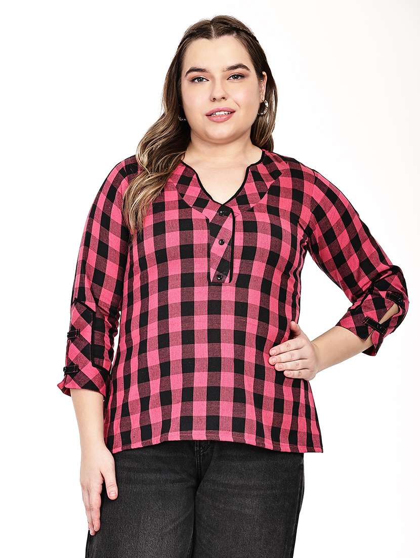 women checkered three quarter sleeves regular top