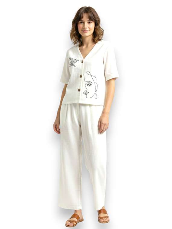 women embroidered short sleeves shirt and trouser co-ord set - 22512475 -  Standard Image - 1