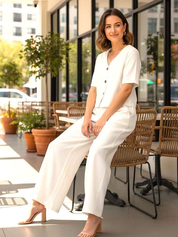women solid short sleeves shirt and trouser co-ord set
