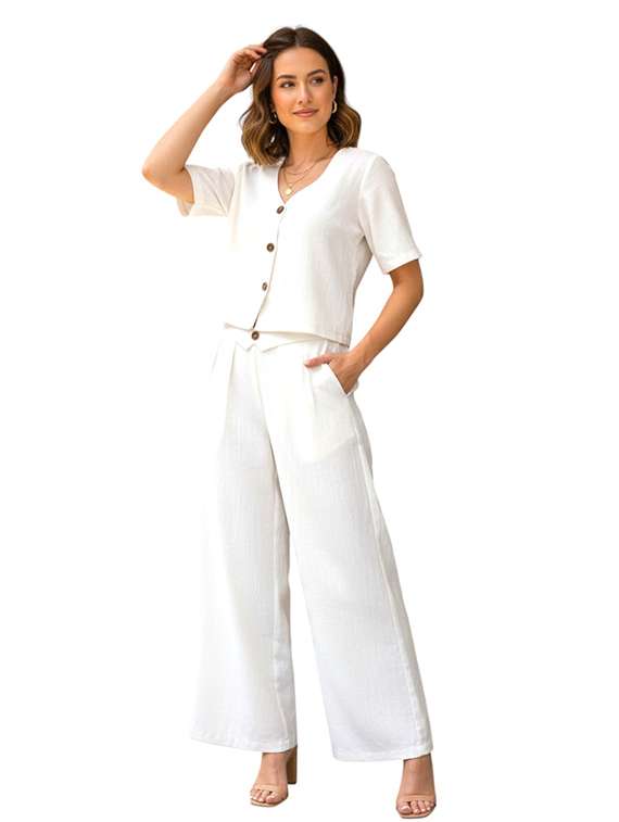 women solid short sleeves shirt and trouser co-ord set - 22512476 -  Standard Image - 1