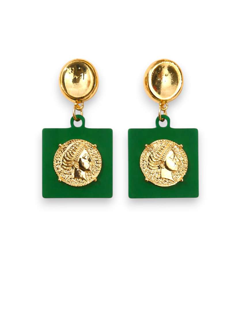 trendy gold-tone green square drop earrings with coin design for women - 22512693 -  Standard Image - 1