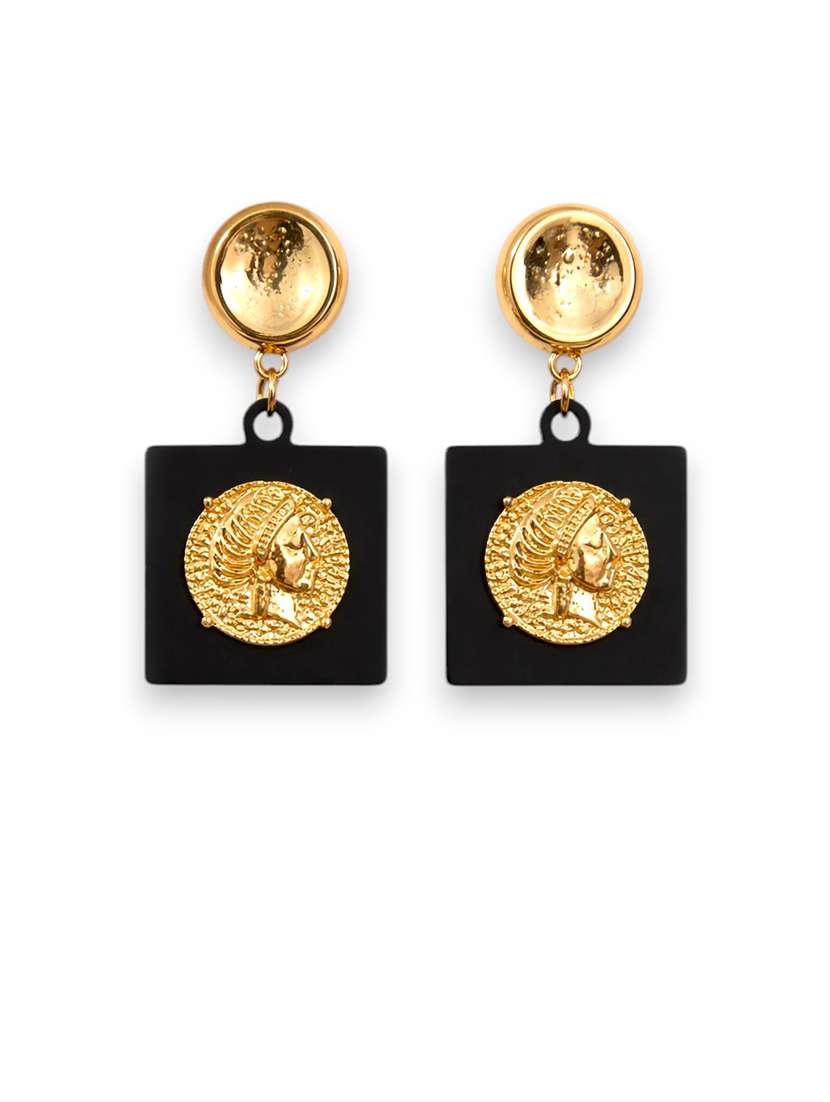 trendy gold-tone black square drop earrings with coin design for women - 22512694 -  Standard Image - 1