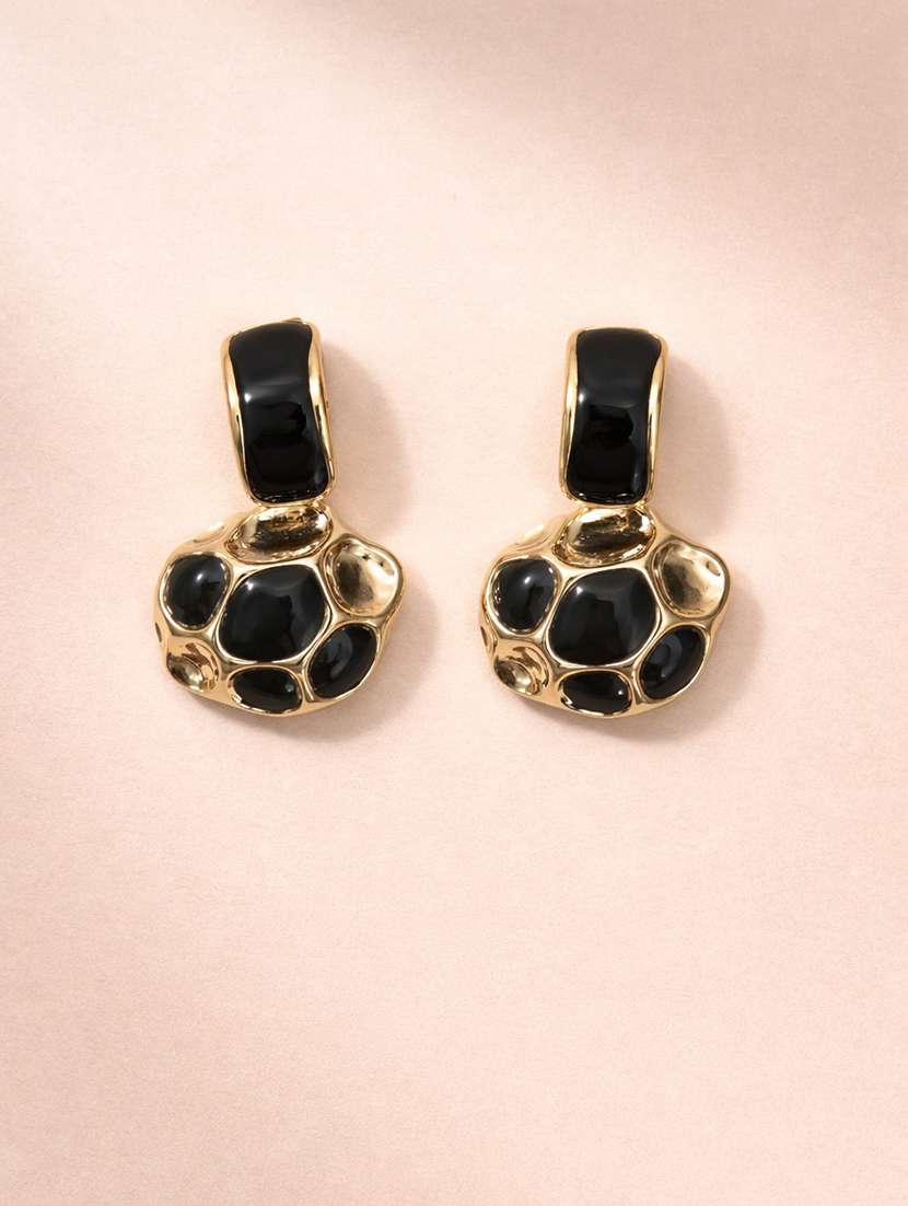 elegant gold-tone black square drop earrings with antique coin design for women