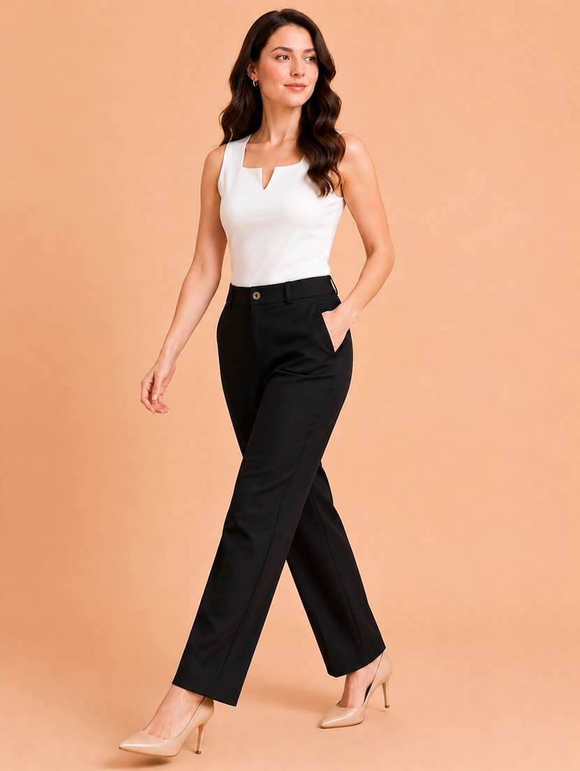 women solid high rise straight fit trouser - 22512707 -  Standard Image - 4