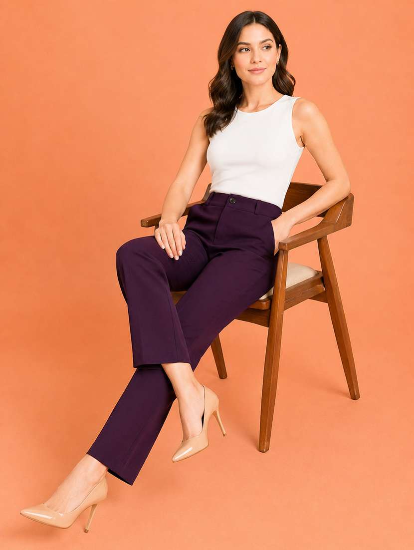 women solid high rise straight fit trouser - 22512710 -  Standard Image - 4