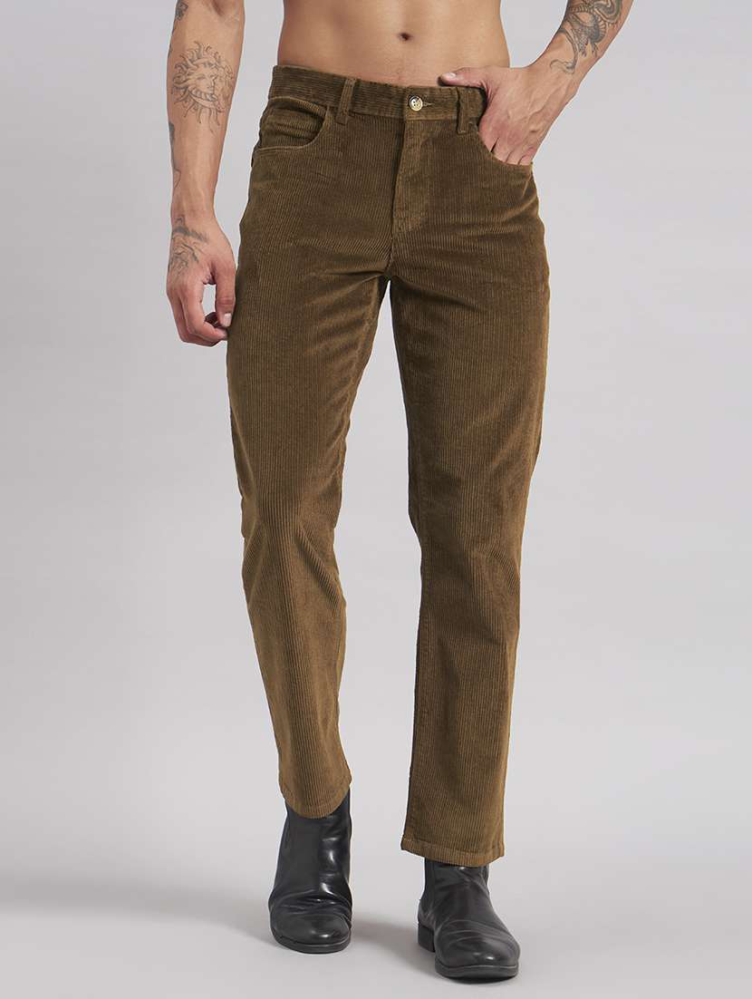 men solid mid rise flat front casual trouser