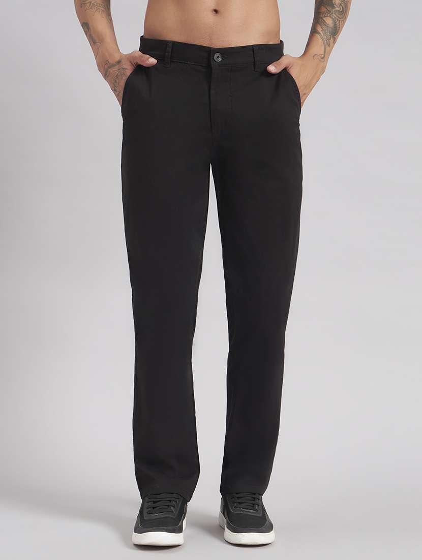 men solid mid rise flat front casual trouser