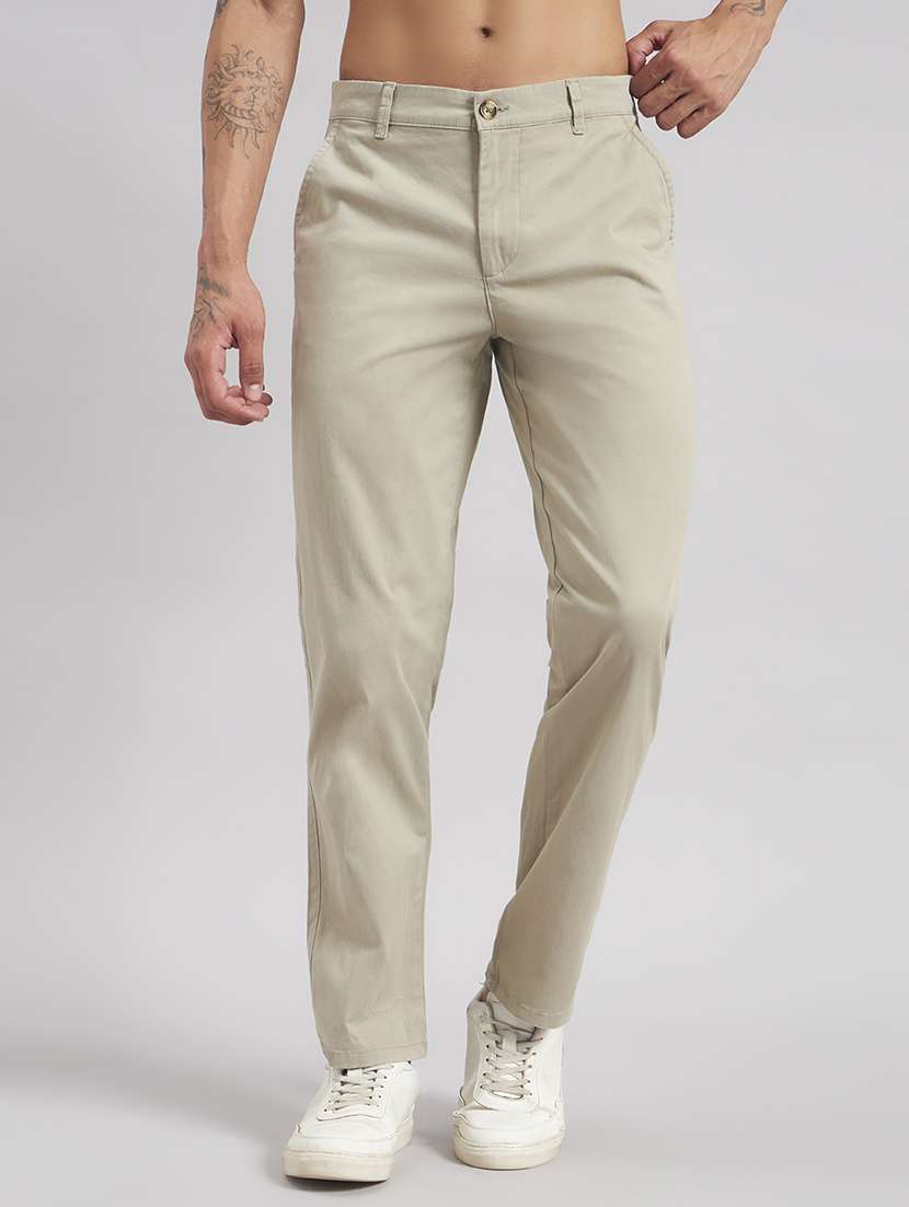 men solid mid rise flat front casual trouser