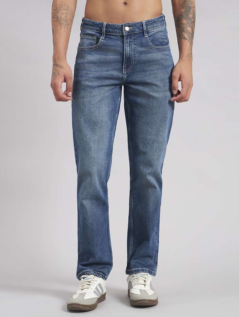 men washed mid rise full length straight jeans
