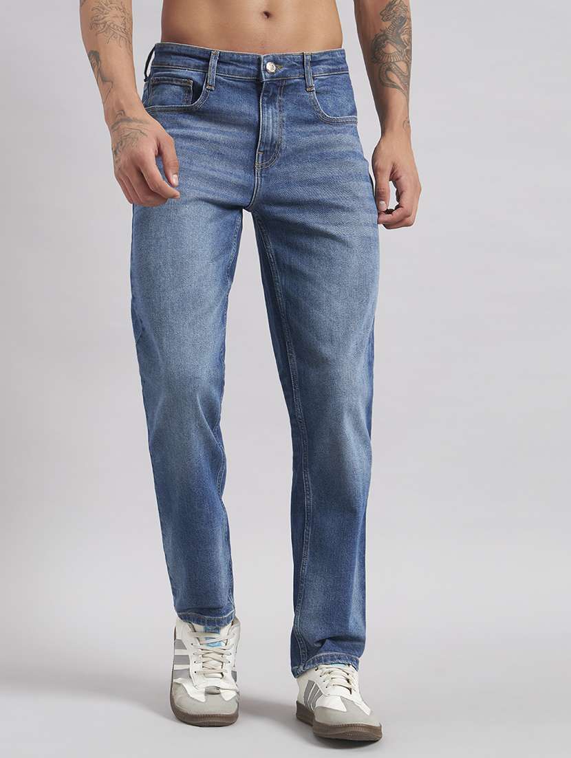 men washed mid rise full length straight jeans
