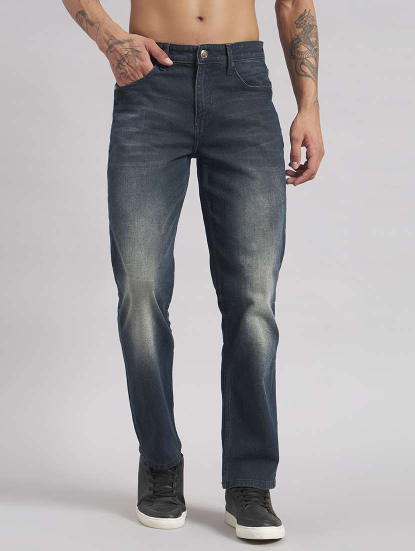 men washed mid rise full length straight jeans