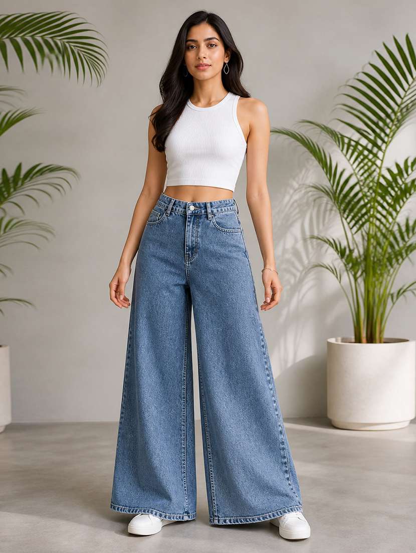 women solid mid rise wide leg jeans - 22512792 -  Standard Image - 4