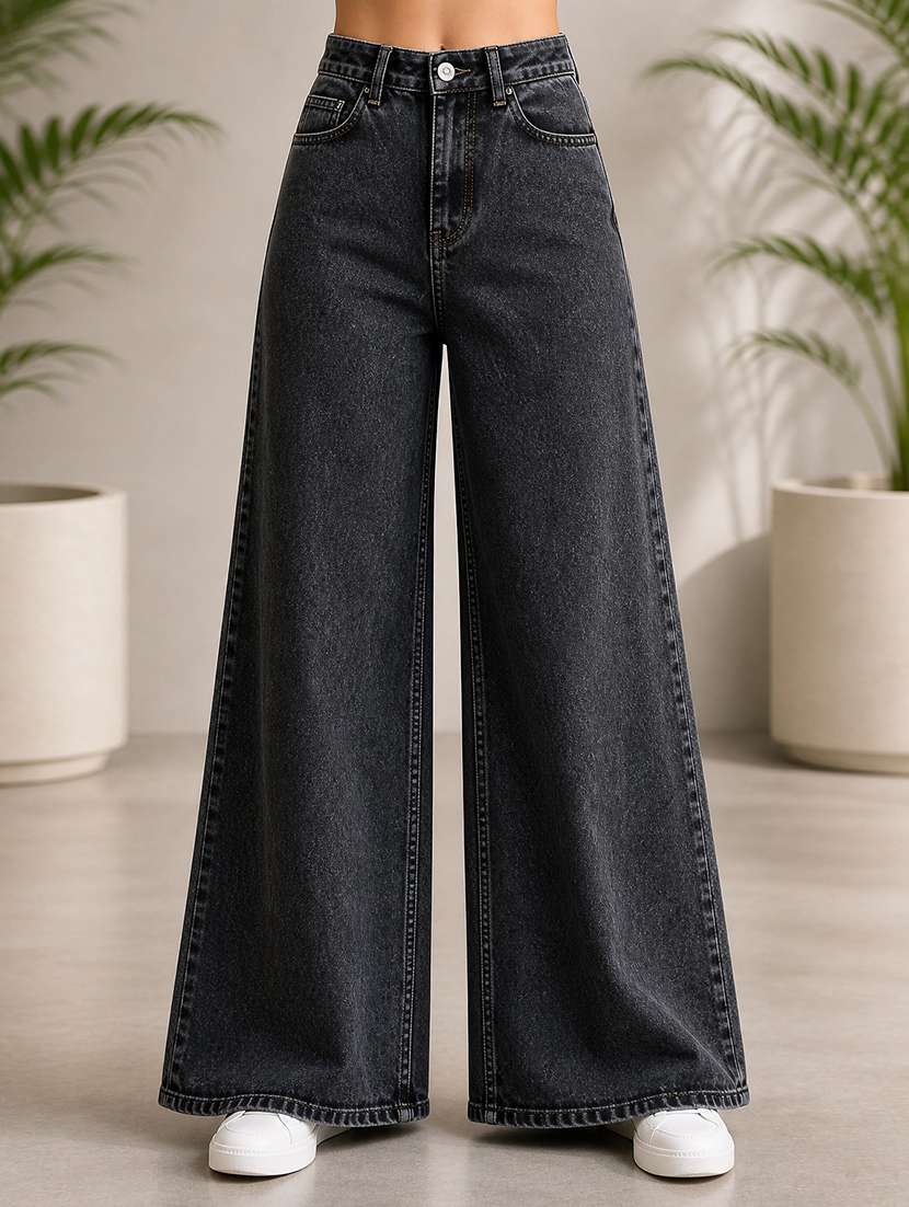 women washed mid rise wide leg jeans