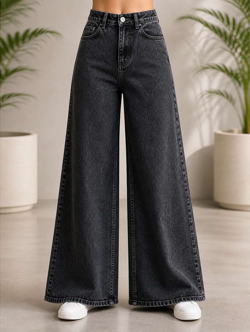 women washed mid rise wide leg jeans